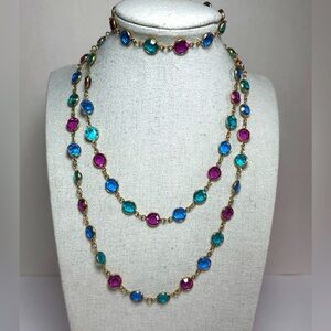 Iconic Austrian Swarovski Crystal Multi-Color Bezel Necklace Bracelet 2 pcs Set